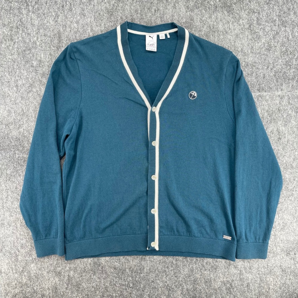 Puma Arnold Palmer Golf Cardigan Sweater Mens XL Teal Blue Button Front Knit